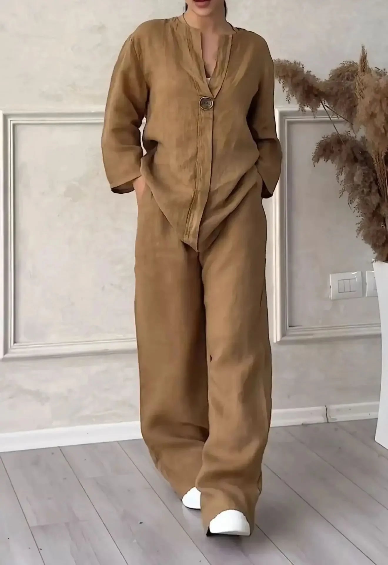 outono plus size solto casual cor pura algodão linho moda manga longa conjunto esportivo para mulher confortável respirável