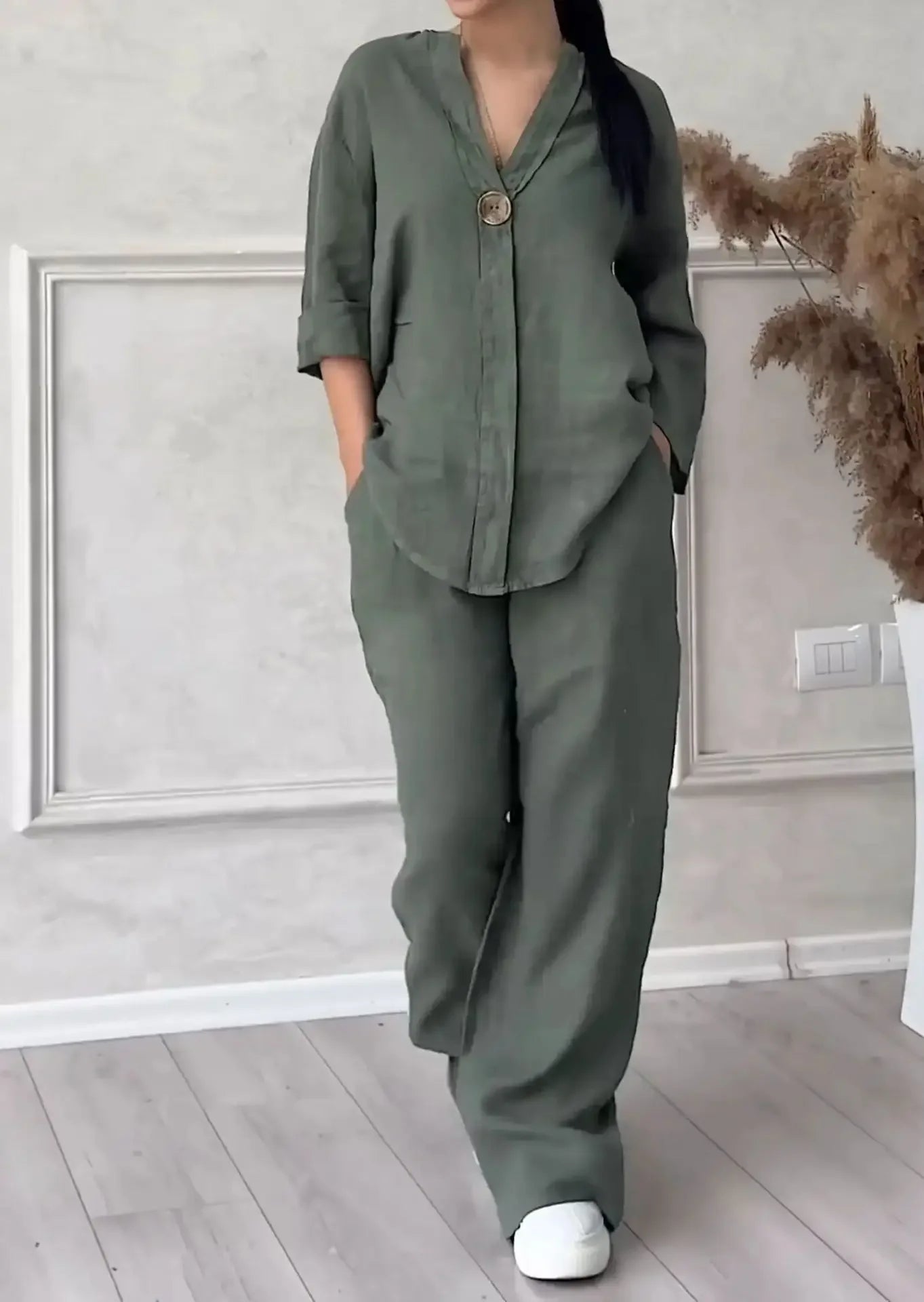 outono plus size solto casual cor pura algodão linho moda manga longa conjunto esportivo para mulher confortável respirável