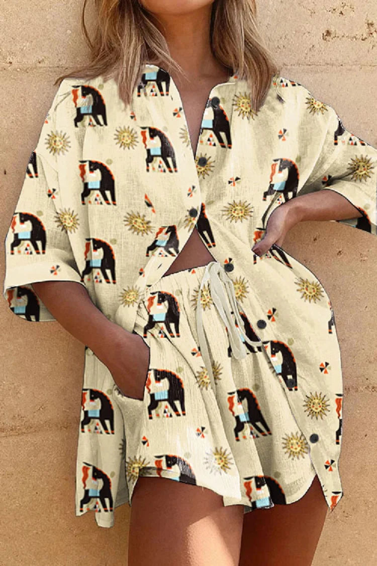 Conjunto Feminino 2 Peças Camisa Shorts Estampa Digital - Helena