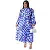N7919 Women's Clothing Bestseller Long-sleeved Printed Pleated Plus-size Dress