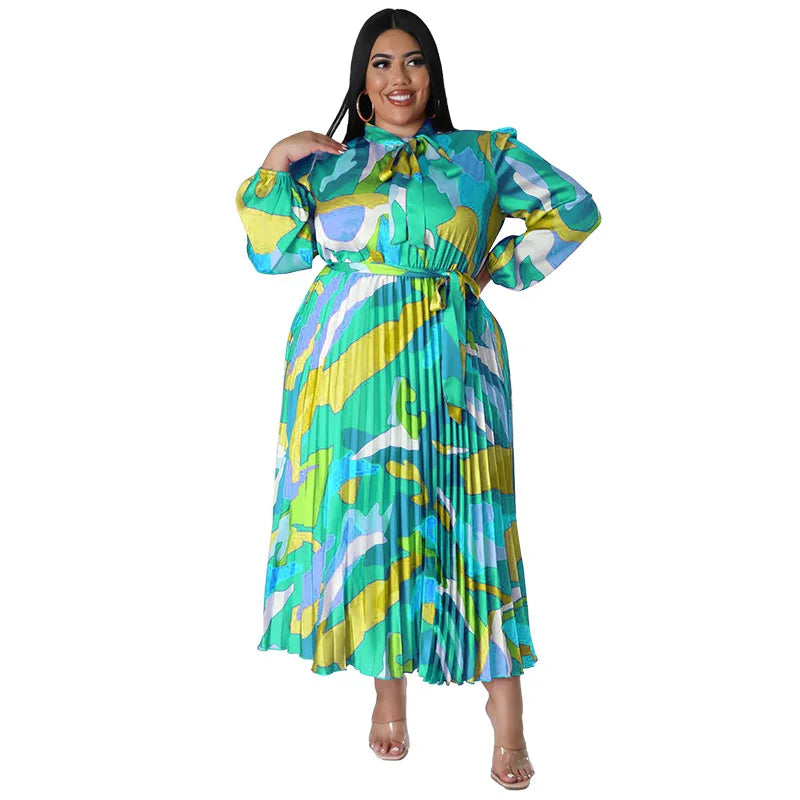 N7919 Women's Clothing Bestseller Long-sleeved Printed Pleated Plus-size Dress