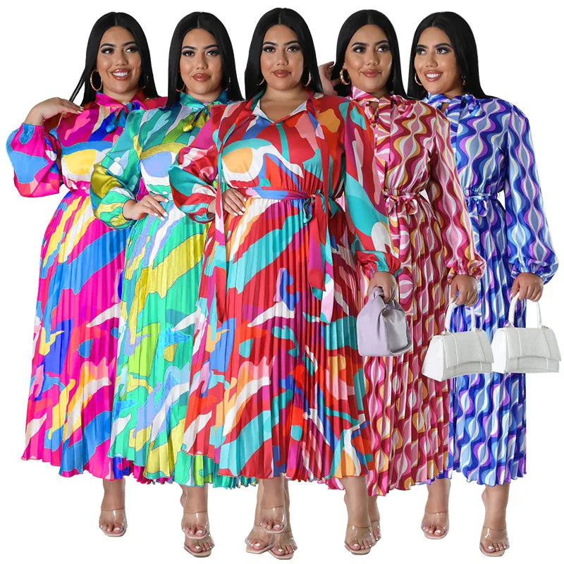 N7919 Women's Clothing Bestseller Long-sleeved Printed Pleated Plus-size Dress