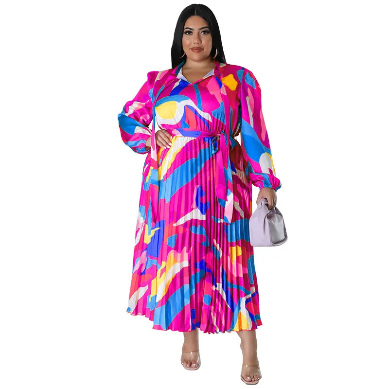 N7919 Women's Clothing Bestseller Long-sleeved Printed Pleated Plus-size Dress