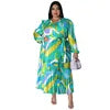 N7919 Women's Clothing Bestseller Long-sleeved Printed Pleated Plus-size Dress