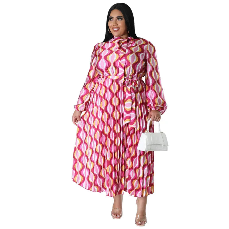N7919 Women's Clothing Bestseller Long-sleeved Printed Pleated Plus-size Dress