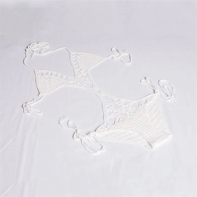 100% algodão crochê biquíni uma peça maiô sexy verão halter bandagem bodysuits monokini beach wear maiô