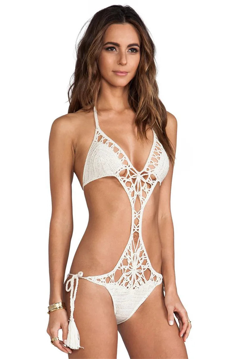 100% algodão crochê biquíni uma peça maiô sexy verão halter bandagem bodysuits monokini beach wear maiô