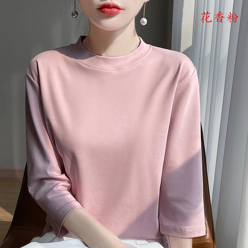 Summer And Autumn New 100% Cotton T-shirt Women's Semi-High-Necked Cropped Sleeves Loose Solid Color Bottoming Top
