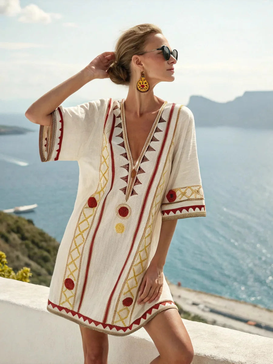 Elegant Fashion V-neck Vintage Casual loose Beach Dresses 2025 Elbow Sleeve Basic Bohemian Dress Vacation Women's Streetwear