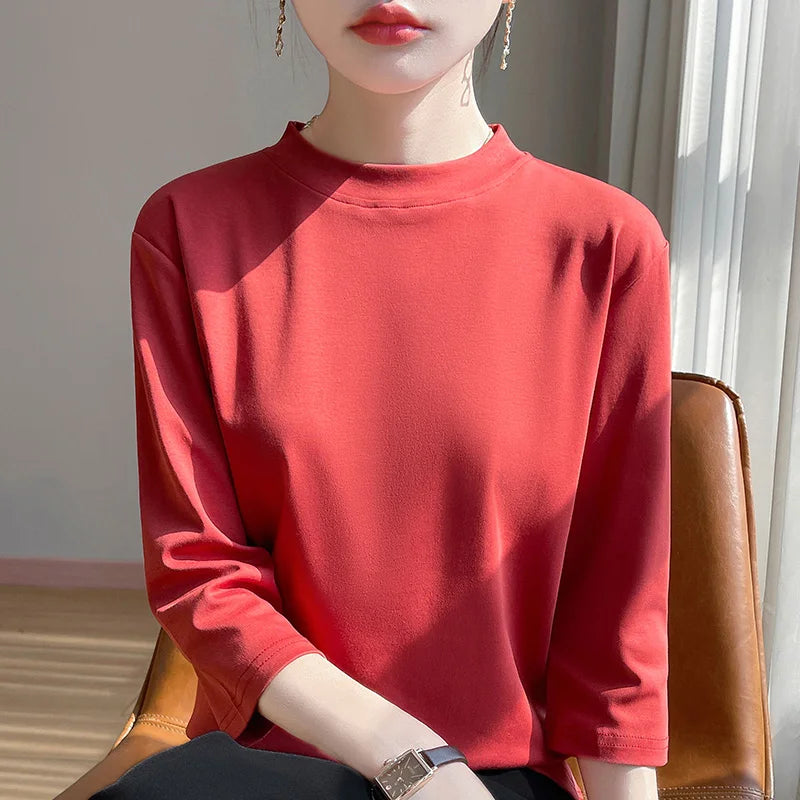 Summer And Autumn New 100% Cotton T-shirt Women's Semi-High-Necked Cropped Sleeves Loose Solid Color Bottoming Top