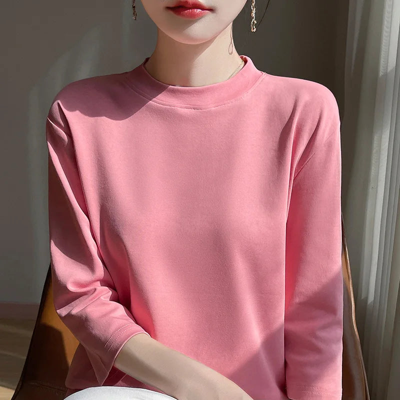 Summer And Autumn New 100% Cotton T-shirt Women's Semi-High-Necked Cropped Sleeves Loose Solid Color Bottoming Top