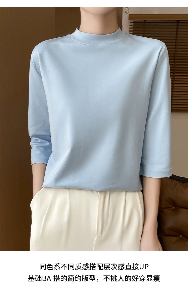 Summer And Autumn New 100% Cotton T-shirt Women's Semi-High-Necked Cropped Sleeves Loose Solid Color Bottoming Top