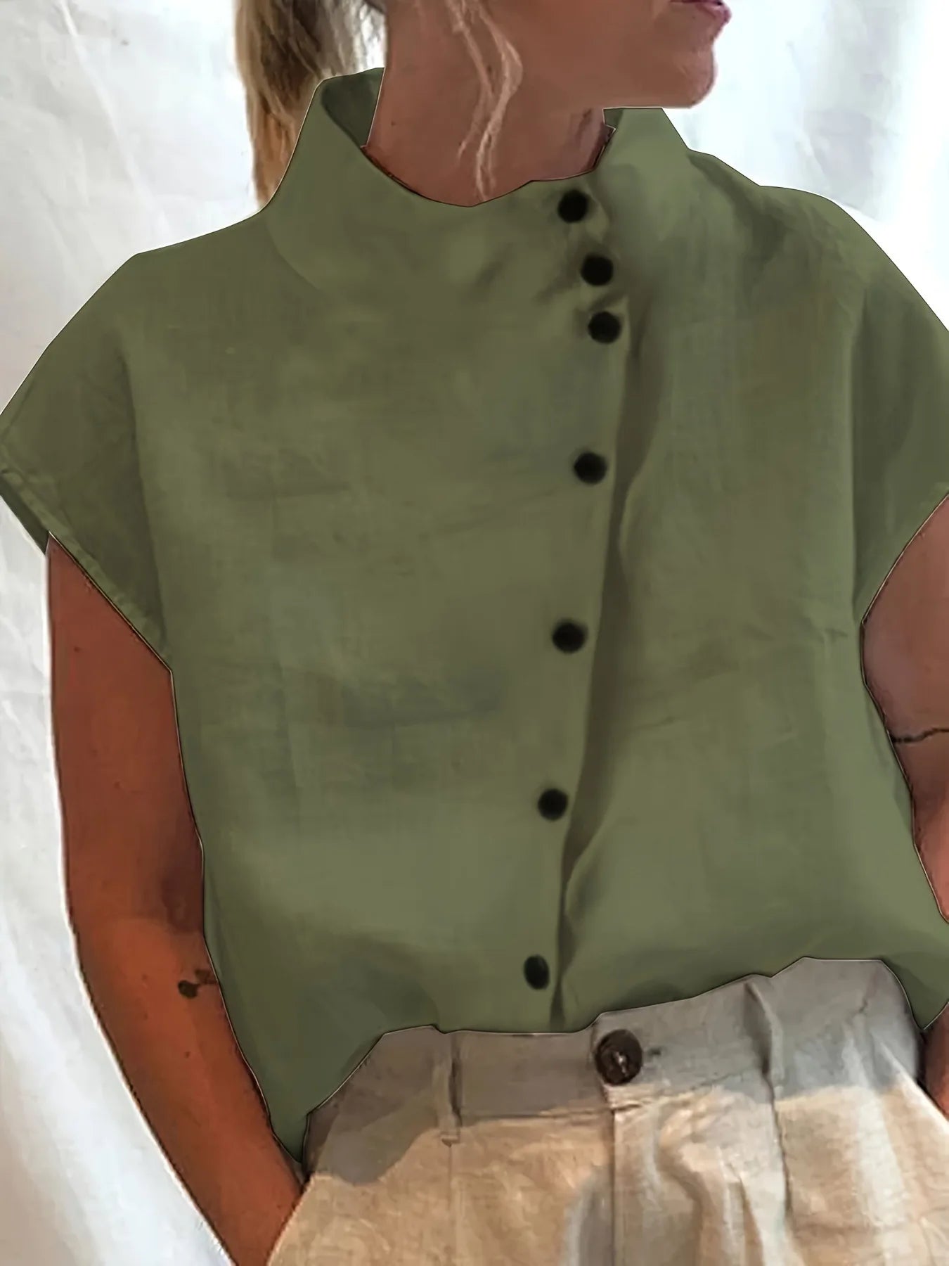 Summer Cotton Short Sleeve Blouse Women 2025 Fashion Button Stand Collar Loose Shirts And Blouses Tops Casual