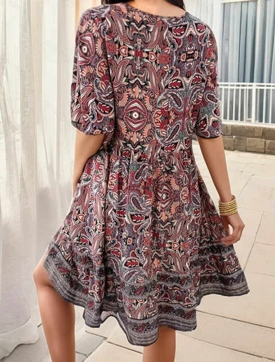 Fashion Floral Print Dress Summer Women Casual Short Sleeve V-neck A-line Loose Beach Party Holiday Dresses Female Robe Femme