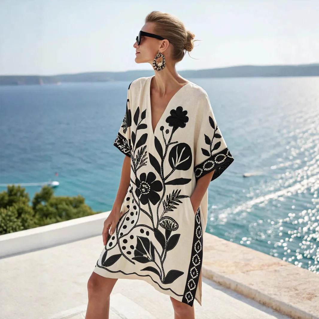 Elegant Fashion V-neck Vintage Casual loose Beach Dresses 2025 Elbow Sleeve Basic Bohemian Dress Vacation Women's Streetwear