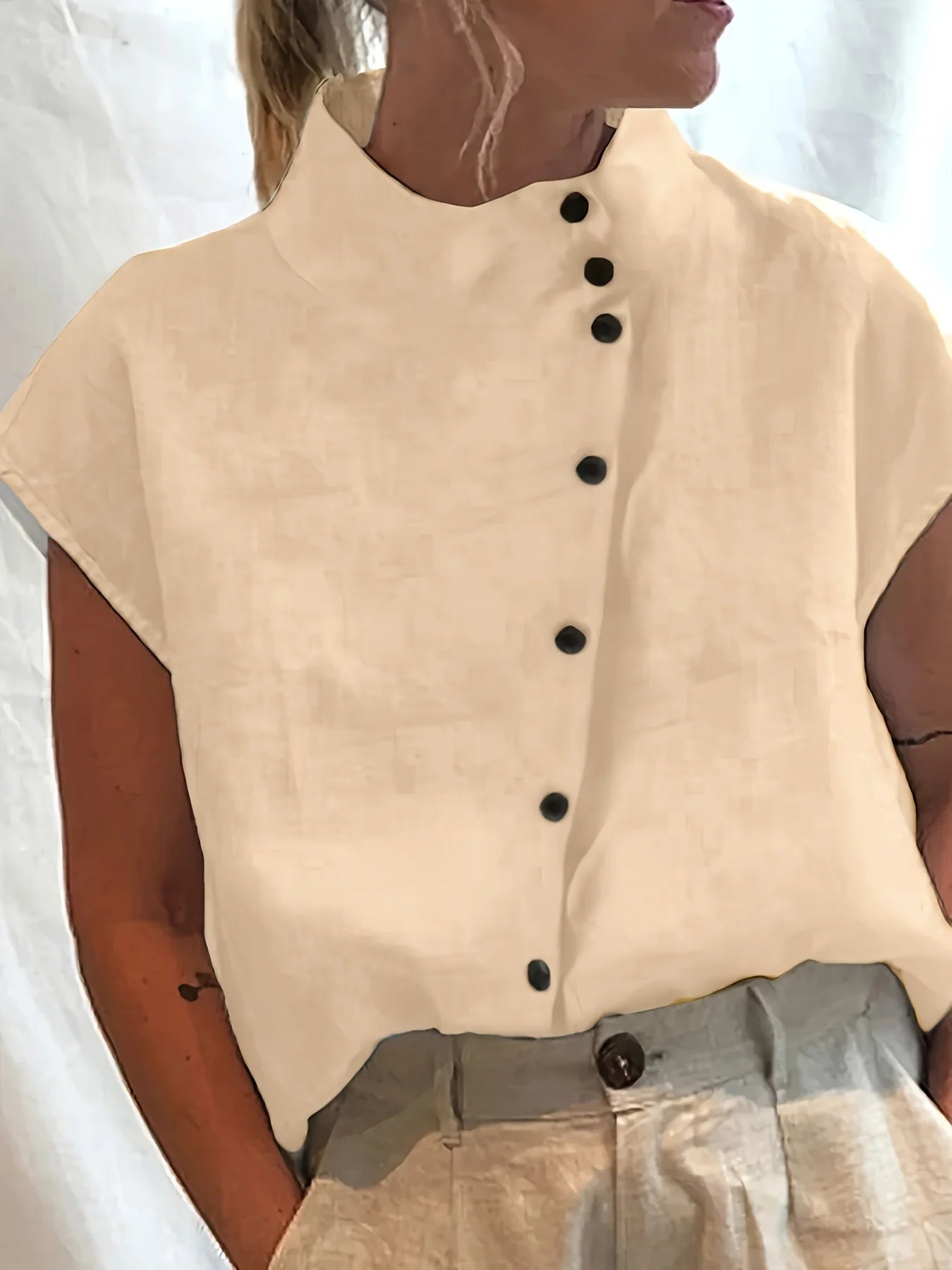 Summer Cotton Short Sleeve Blouse Women 2025 Fashion Button Stand Collar Loose Shirts And Blouses Tops Casual