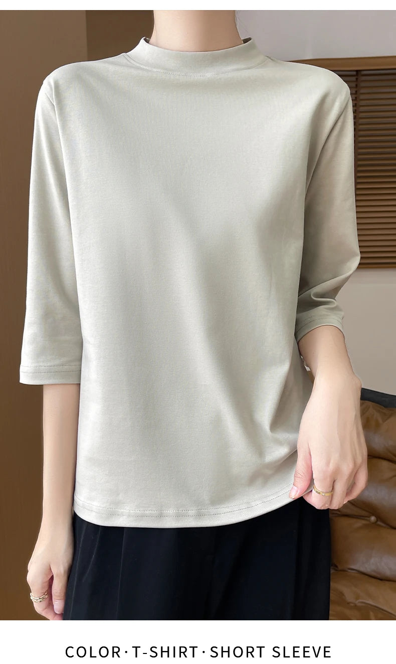 Summer And Autumn New 100% Cotton T-shirt Women's Semi-High-Necked Cropped Sleeves Loose Solid Color Bottoming Top