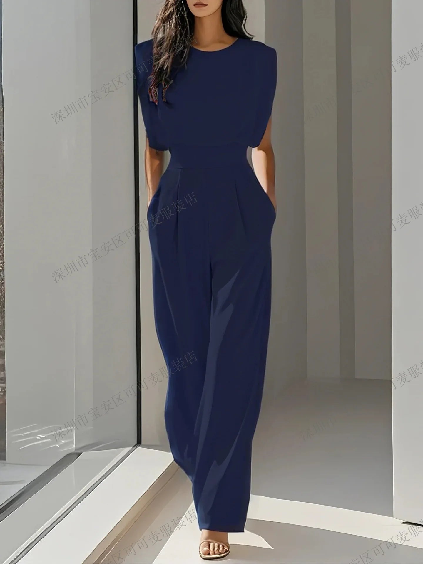 Elegant High Waisted Jumpsuit New Women's Fashion Queen Style Summer Solid Color Waistband Pocket Office Capable Jumpsuit