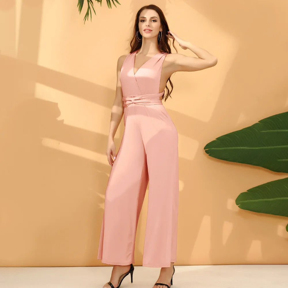 Women Jumpsuits Overalls Sleeveless V Nec Solid Color Wide Leg Pants Office Lady Casual Flat Slim Fit Sexy Backless 2023