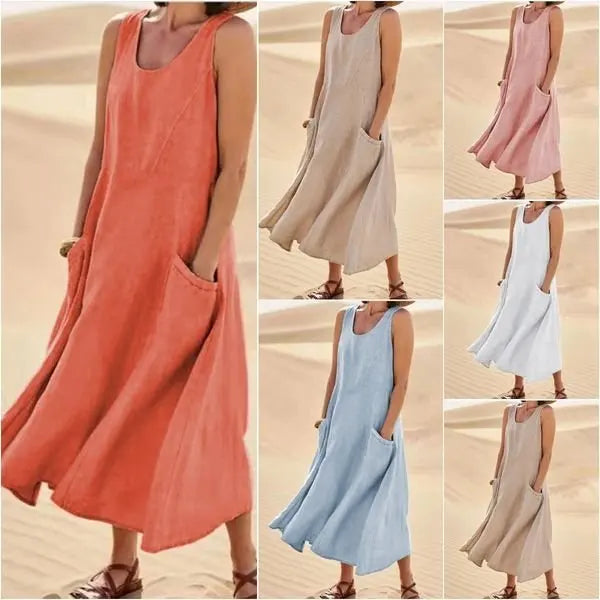Cotton Linen Sleeveless Dress for Women Summer Pullover Skirt Vestidos Fashion Female Clothing Short Sleeved Loose Long Dressess