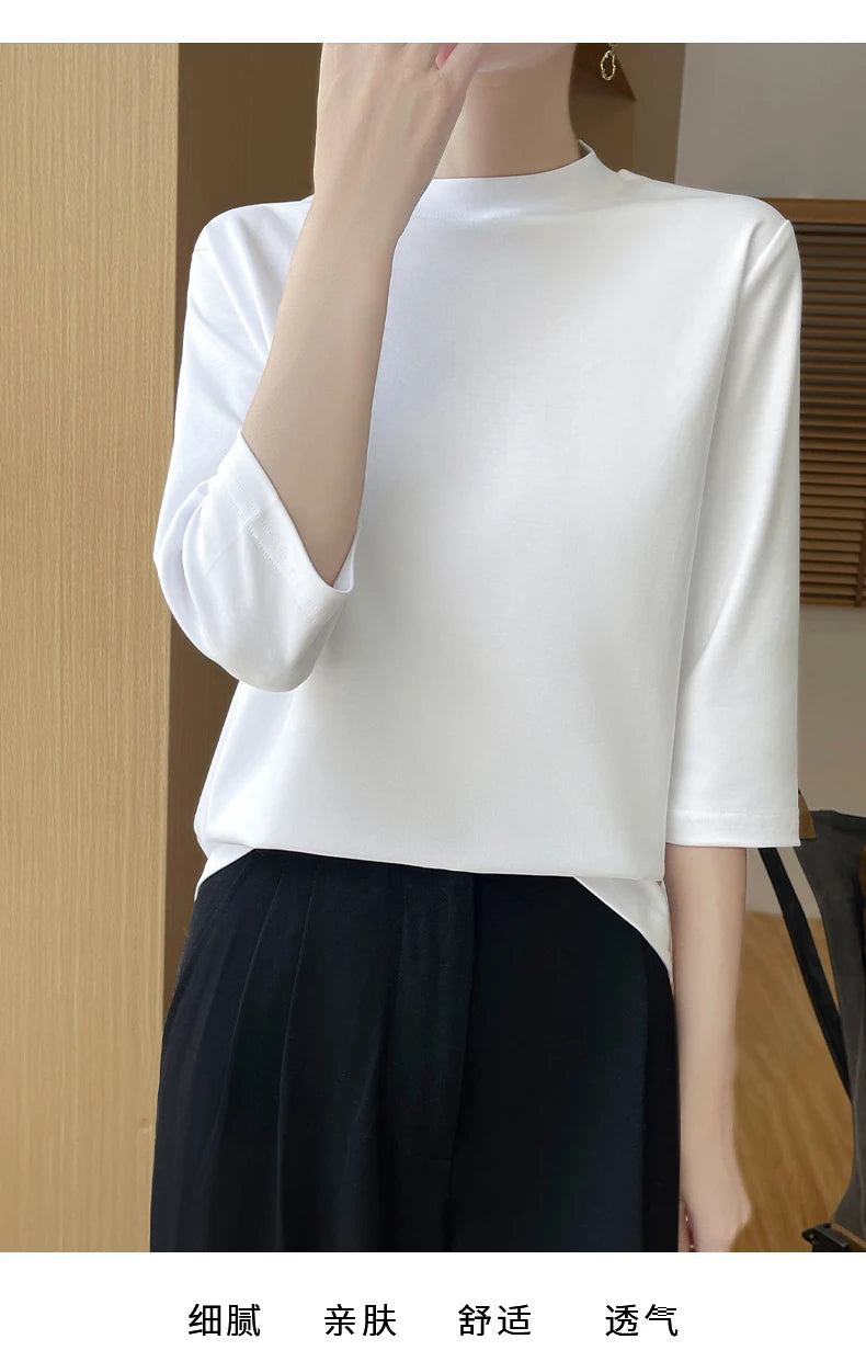 Summer And Autumn New 100% Cotton T-shirt Women's Semi-High-Necked Cropped Sleeves Loose Solid Color Bottoming Top