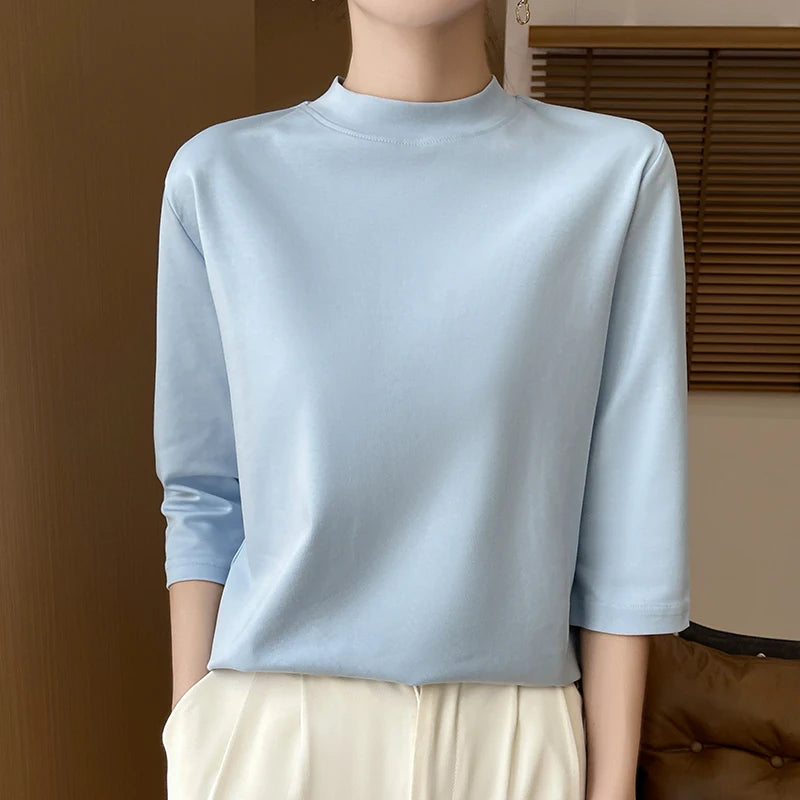 Summer And Autumn New 100% Cotton T-shirt Women's Semi-High-Necked Cropped Sleeves Loose Solid Color Bottoming Top