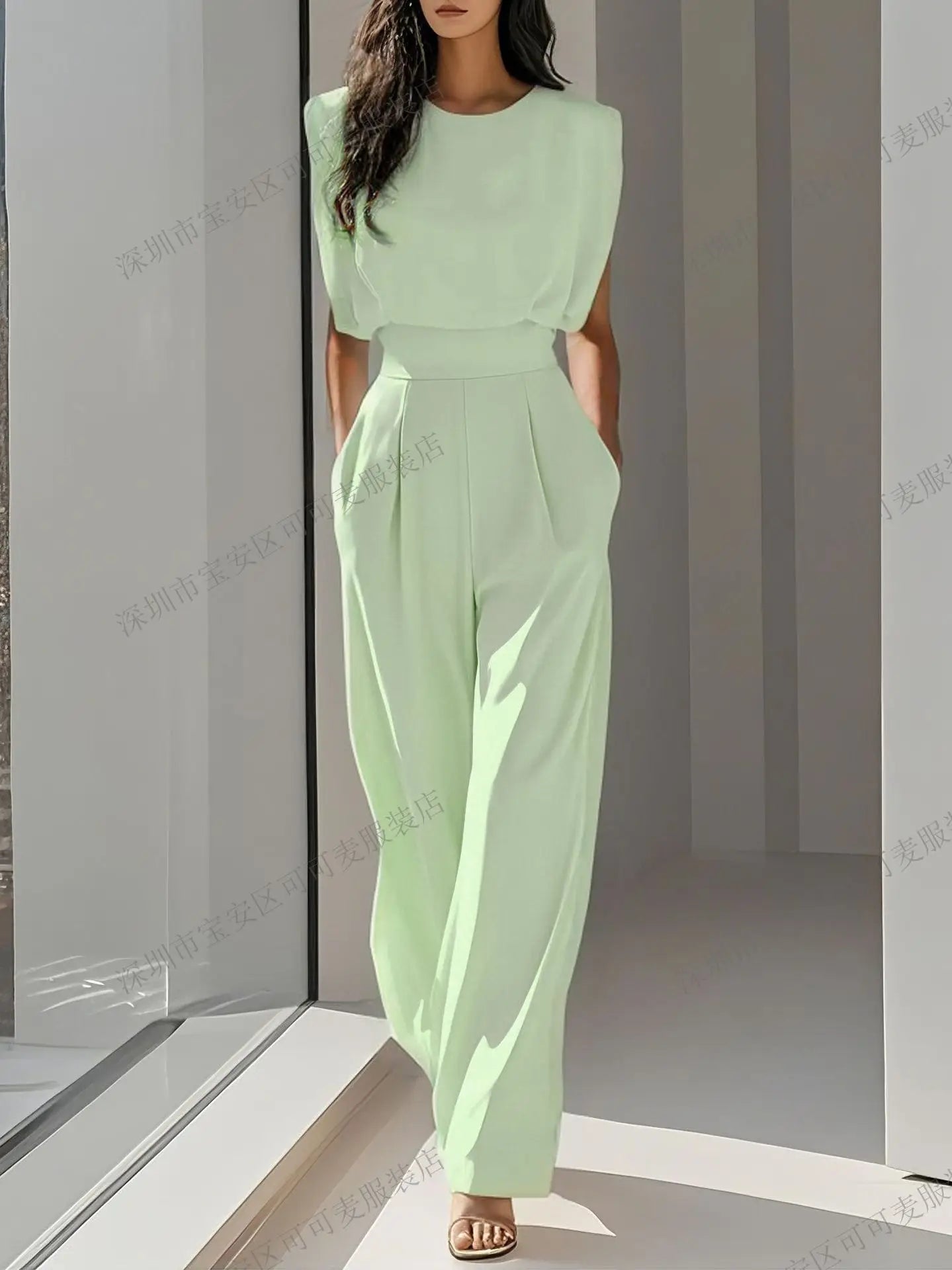 Elegant High Waisted Jumpsuit New Women's Fashion Queen Style Summer Solid Color Waistband Pocket Office Capable Jumpsuit