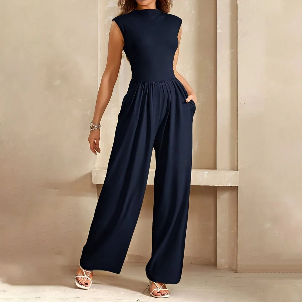 Women's Leisure Solid Color Jumpsuit Wide Leg Straight Pant Slimming Sleeveless Tops Thin Spring Summer Pleated Casual Wear