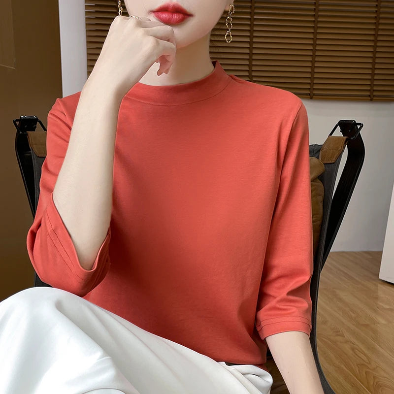 Summer And Autumn New 100% Cotton T-shirt Women's Semi-High-Necked Cropped Sleeves Loose Solid Color Bottoming Top