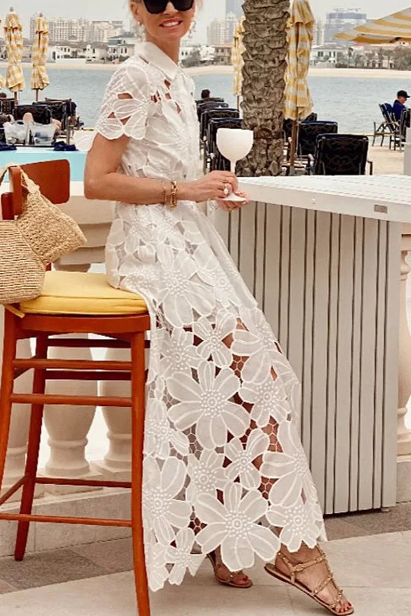 Summer Casual Solid Color Holiday Dresses Summer Women's Tie Up Lace Dress Sexy Hollow Short Sleeved Single Breasted Long Dress