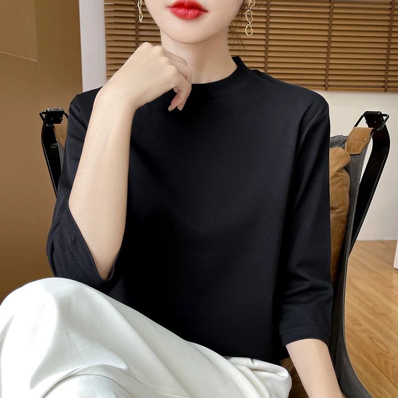 Summer And Autumn New 100% Cotton T-shirt Women's Semi-High-Necked Cropped Sleeves Loose Solid Color Bottoming Top