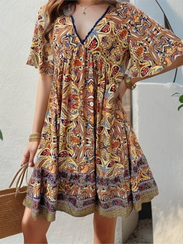 Fashion Floral Print Dress Summer Women Casual Short Sleeve V-neck A-line Loose Beach Party Holiday Dresses Female Robe Femme