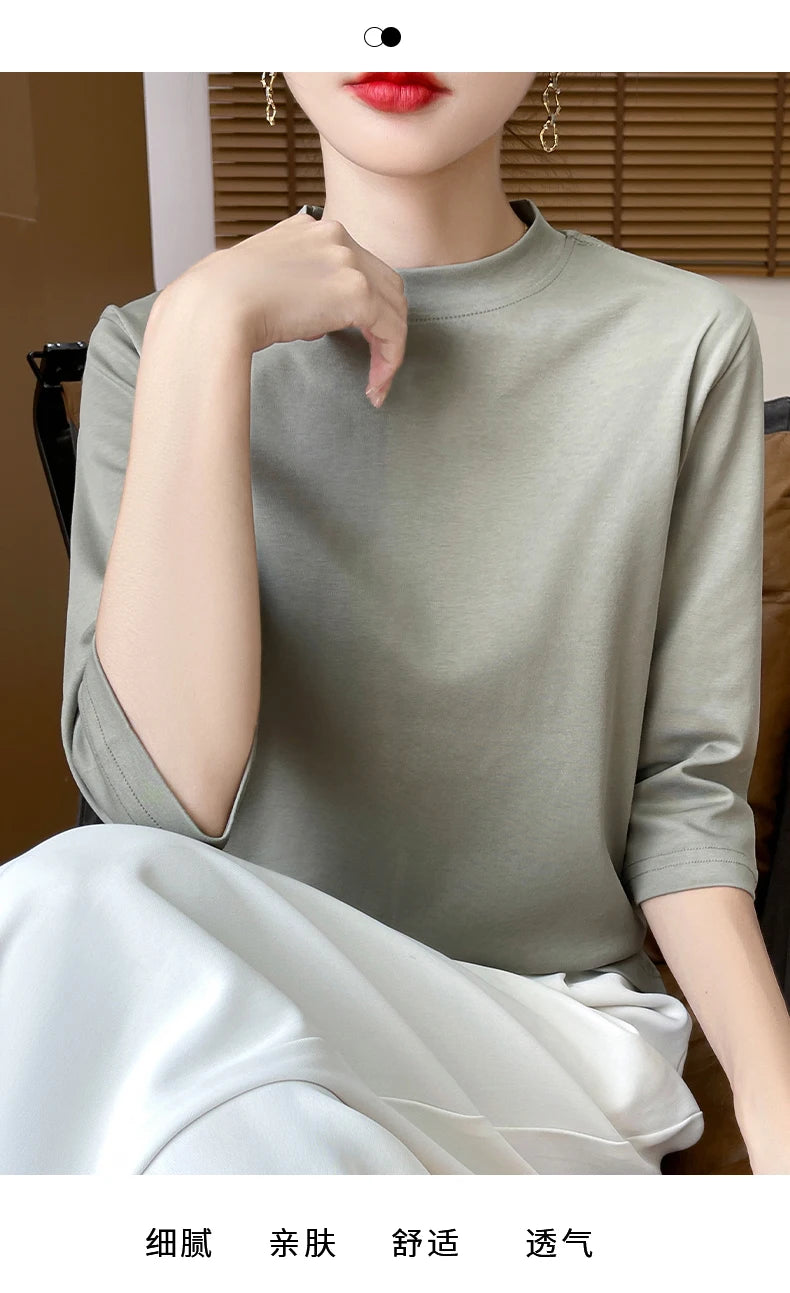 Summer And Autumn New 100% Cotton T-shirt Women's Semi-High-Necked Cropped Sleeves Loose Solid Color Bottoming Top