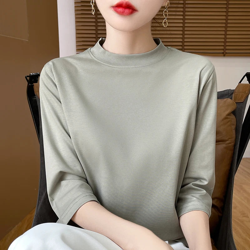 Summer And Autumn New 100% Cotton T-shirt Women's Semi-High-Necked Cropped Sleeves Loose Solid Color Bottoming Top