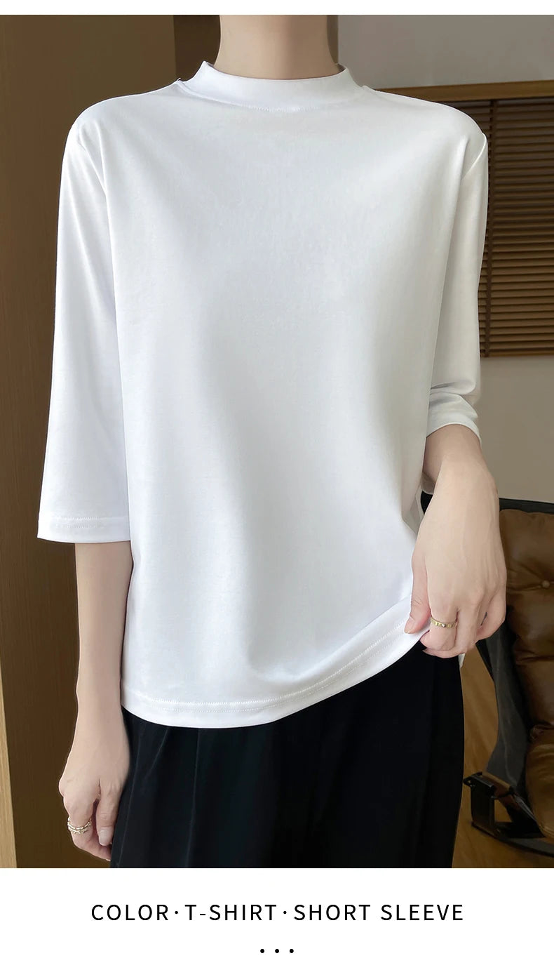 Summer And Autumn New 100% Cotton T-shirt Women's Semi-High-Necked Cropped Sleeves Loose Solid Color Bottoming Top
