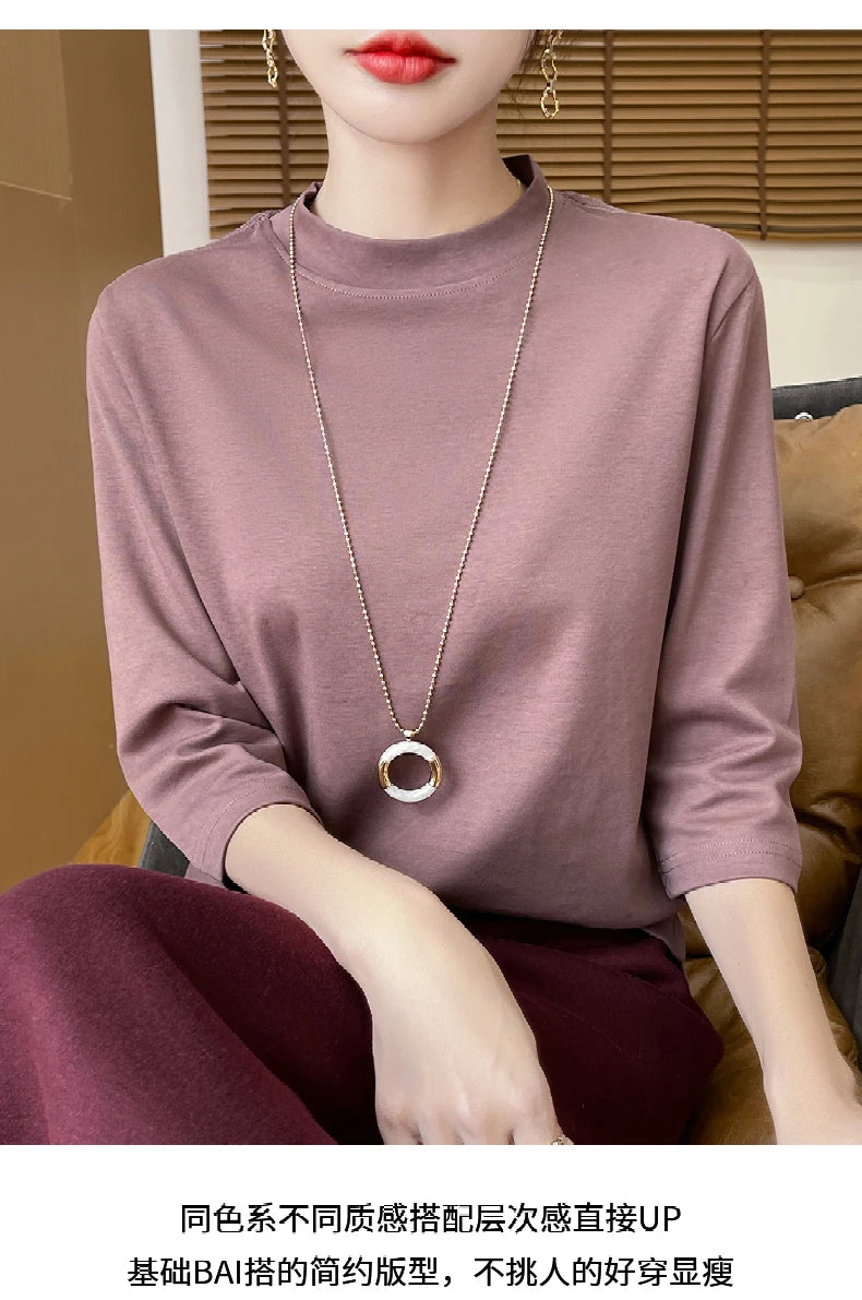 Summer And Autumn New 100% Cotton T-shirt Women's Semi-High-Necked Cropped Sleeves Loose Solid Color Bottoming Top