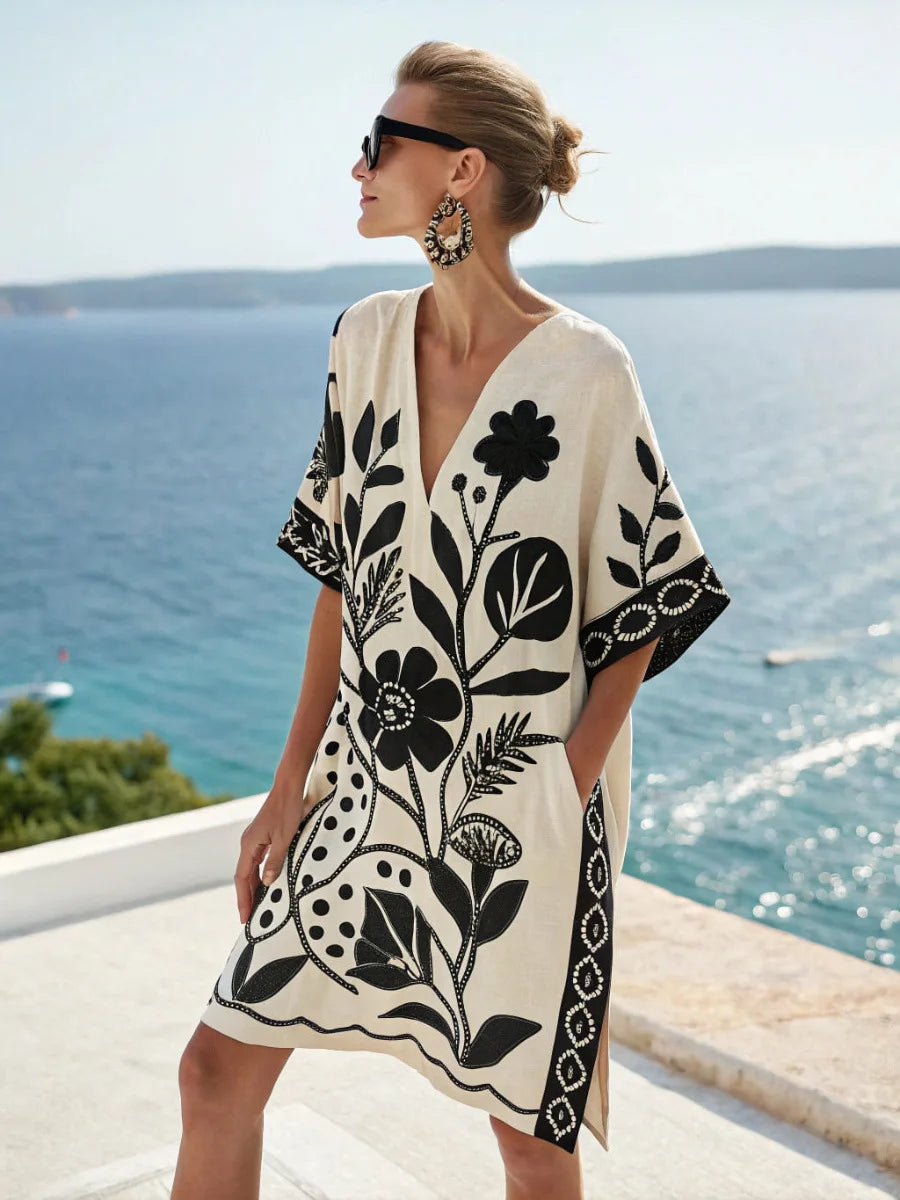 Elegant Fashion V-neck Vintage Casual loose Beach Dresses 2025 Elbow Sleeve Basic Bohemian Dress Vacation Women's Streetwear