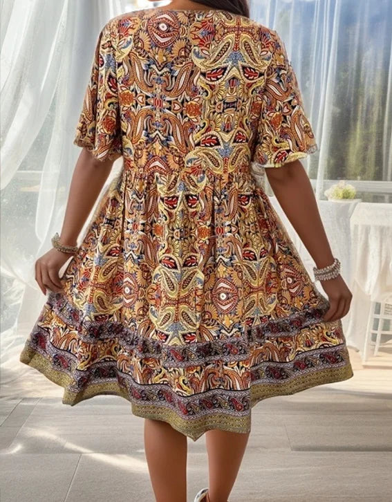 Fashion Floral Print Dress Summer Women Casual Short Sleeve V-neck A-line Loose Beach Party Holiday Dresses Female Robe Femme