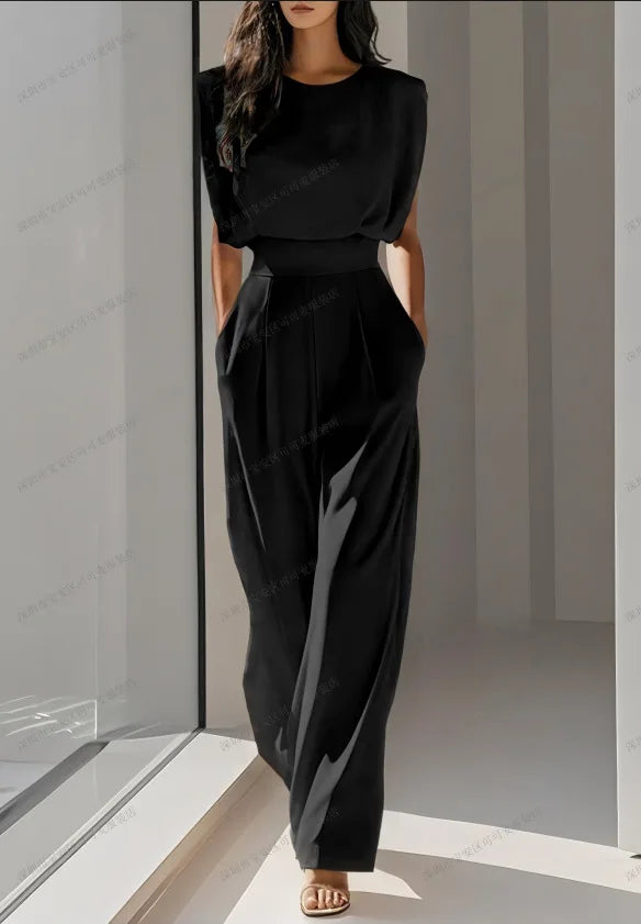 Elegant High Waisted Jumpsuit New Women's Fashion Queen Style Summer Solid Color Waistband Pocket Office Capable Jumpsuit