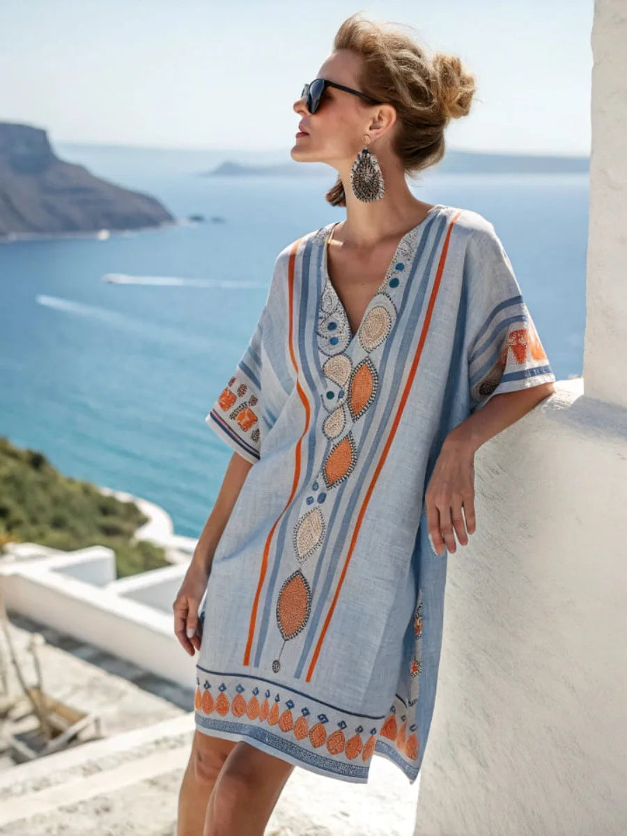 Elegant Fashion V-neck Vintage Casual loose Beach Dresses 2025 Elbow Sleeve Basic Bohemian Dress Vacation Women's Streetwear