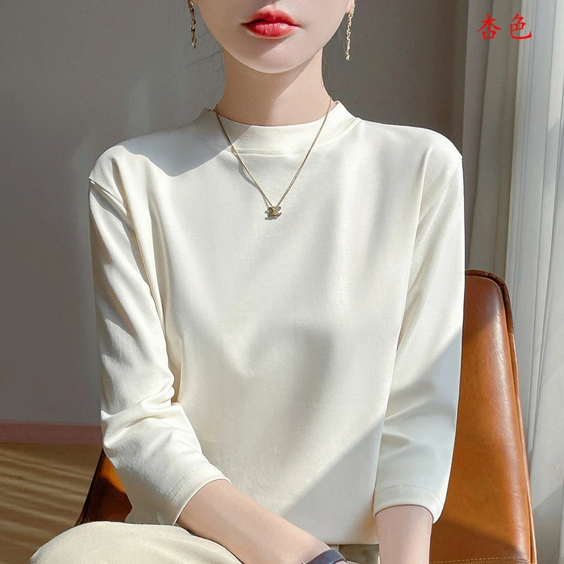 Summer And Autumn New 100% Cotton T-shirt Women's Semi-High-Necked Cropped Sleeves Loose Solid Color Bottoming Top