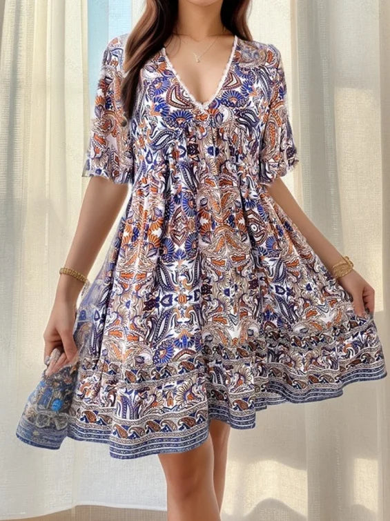 Fashion Floral Print Dress Summer Women Casual Short Sleeve V-neck A-line Loose Beach Party Holiday Dresses Female Robe Femme