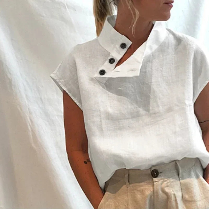 Stand Collar Cotton Linen Women Blouses Summer Short Sleeve Shirt Fashion Casual Loose Office Lady Tops