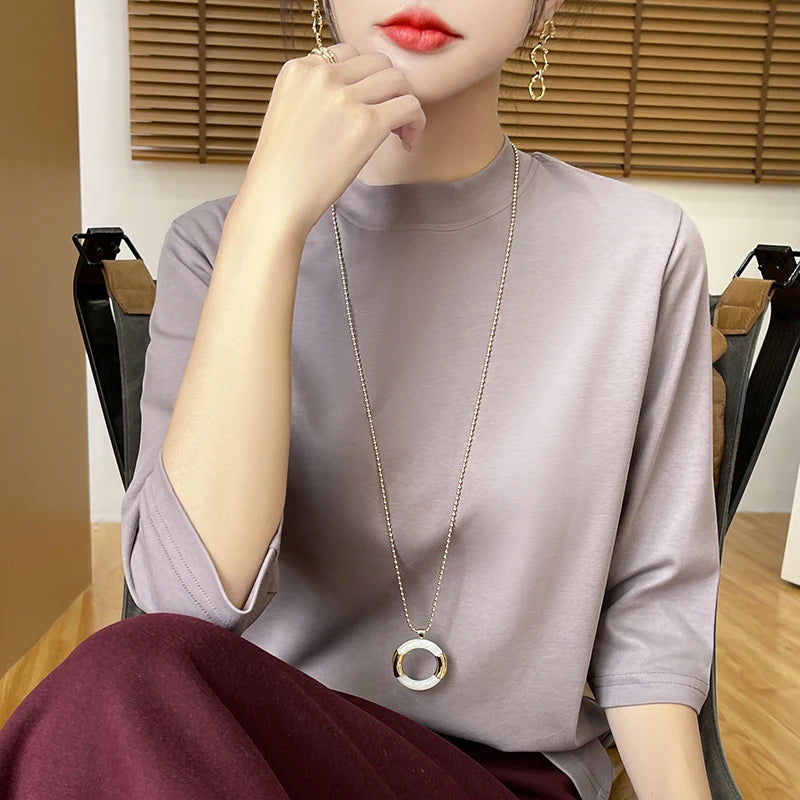 Summer And Autumn New 100% Cotton T-shirt Women's Semi-High-Necked Cropped Sleeves Loose Solid Color Bottoming Top