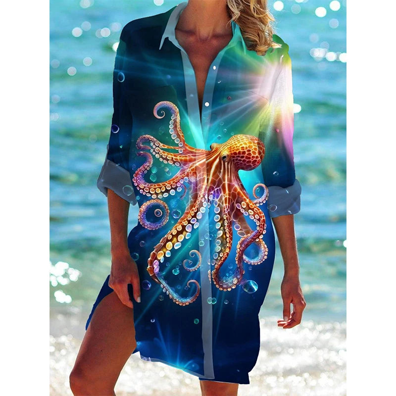 Starfish Conch Fish 3D Print Beach Blouses Women Long Sleeve Mid-length Shirts Buttons Blusas Pocket Tops Blouse Woman Clothing