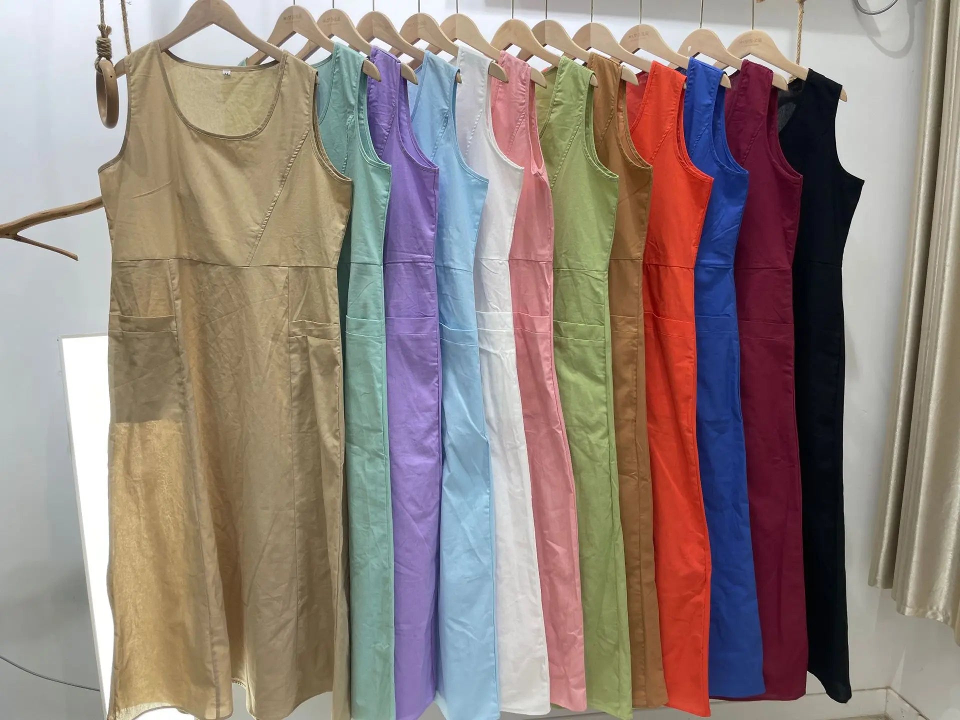 Cotton Linen Sleeveless Dress for Women Summer Pullover Skirt Vestidos Fashion Female Clothing Short Sleeved Loose Long Dressess