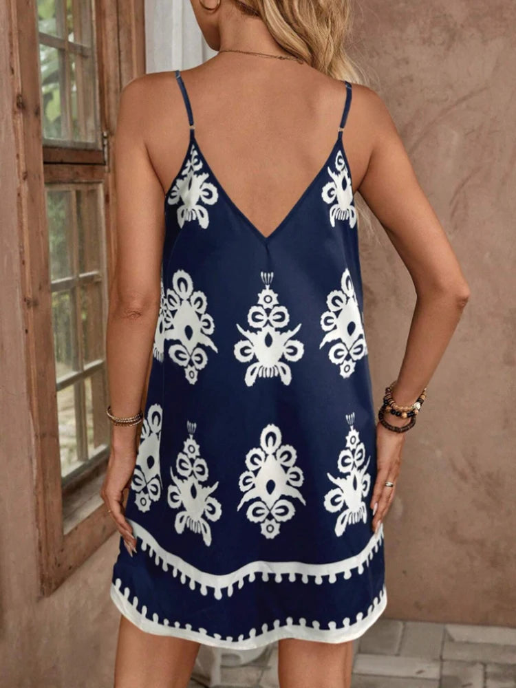 Spring women's retro print blue sleeveless miniskirt, summer women's suspender positioning print dress