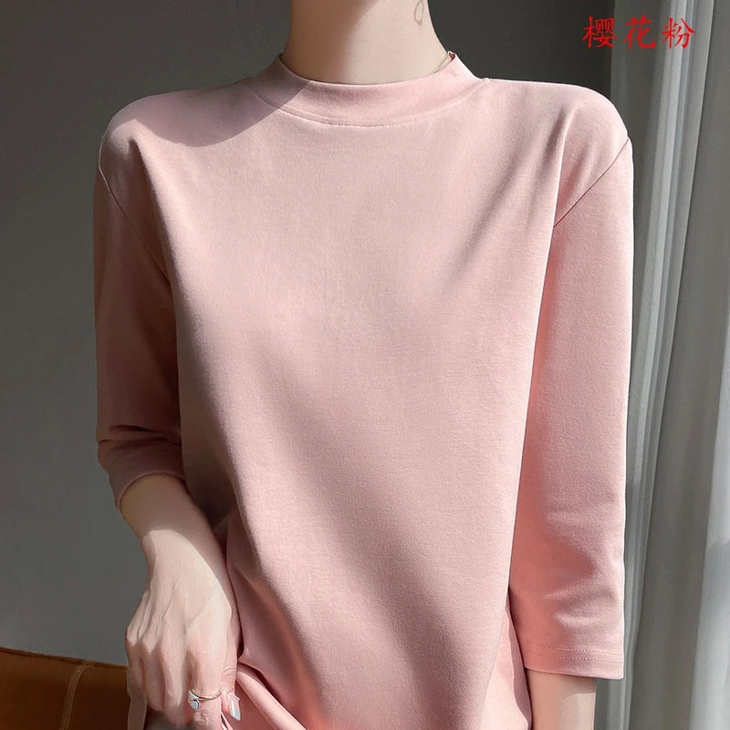 Summer And Autumn New 100% Cotton T-shirt Women's Semi-High-Necked Cropped Sleeves Loose Solid Color Bottoming Top