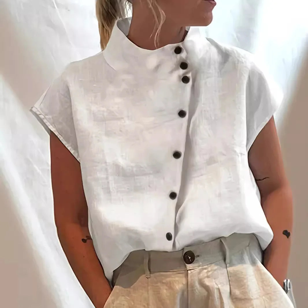 Summer Cotton Short Sleeve Blouse Women 2025 Fashion Button Stand Collar Loose Shirts And Blouses Tops Casual