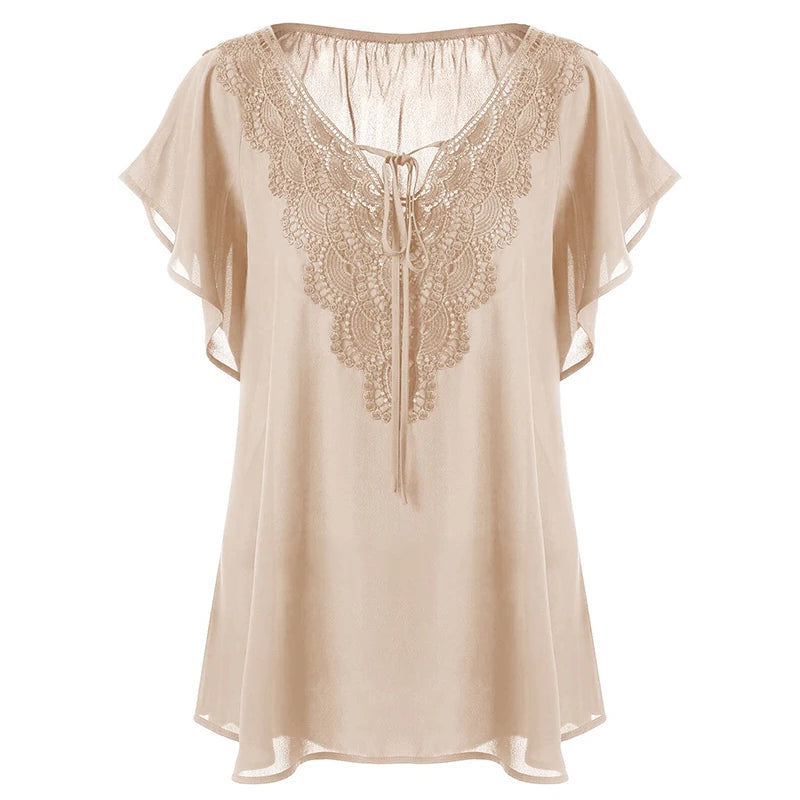 Plegie Large Size Lace Patchwork Shirt Womens Tops and Blouses Short Sleeve Big Size Blusas Femininas Blusas Mujer De Moda 2022